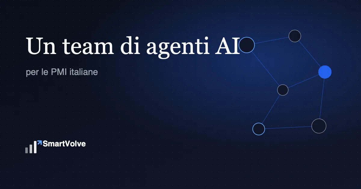 Sfondo navy con la scritta 'Un team di agenti AI per le PMI italiane' e una rete di nodi connessi che rappresenta gli agenti, marchio SmartVolve in basso a sinistra