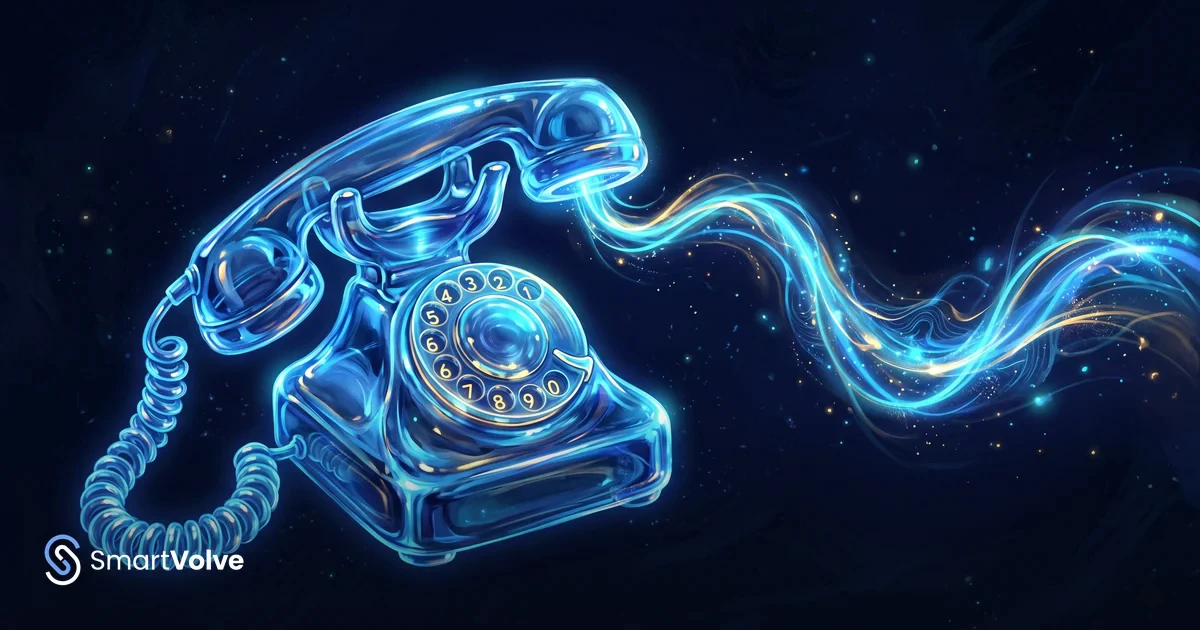 Telefono a disco di vetro blu che emette un'onda sonora luminosa su fondo navy