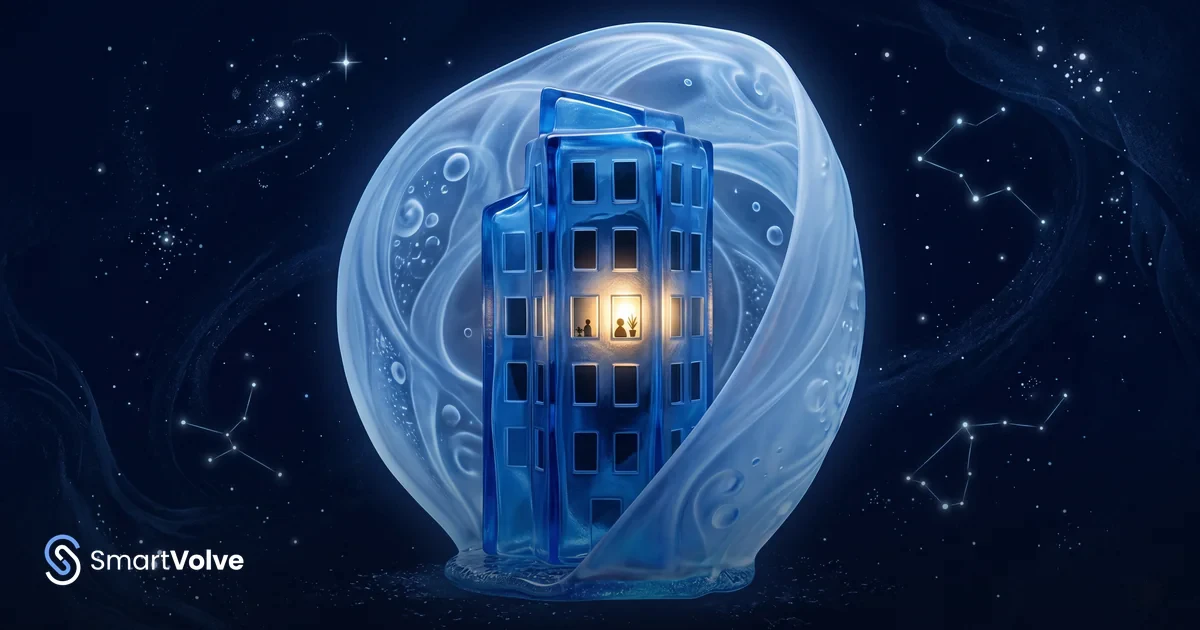 Mezza luna in alto a destra, palazzo silhouette in basso a sinistra, linea blu orizzontale come strato AI che intercetta chiamate notturne
