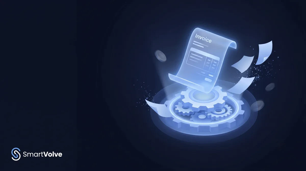 Illustrazione isometrica 3D glowing blu su sfondo scuro: un flusso di documenti-fattura che attraversa un hub di automazione e si converte in liquidità
