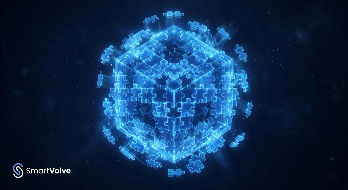 Illustrazione isometrica 3D glowing blu su sfondo scuro: una griglia settimanale di turni dimensionata sui picchi di affluenza, con i vincoli che si incastrano come un puzzle