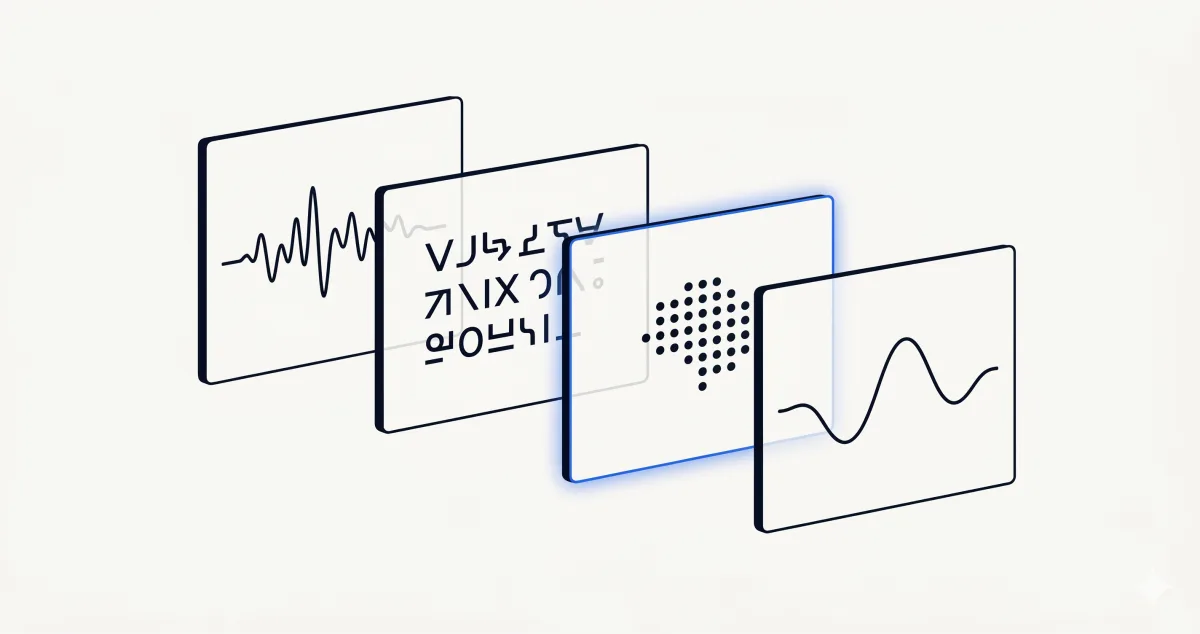 Editorial illustration of an AI voice agent technical pipeline: four overlapping cards representing the STT, NLU, LLM, and TTS stages
