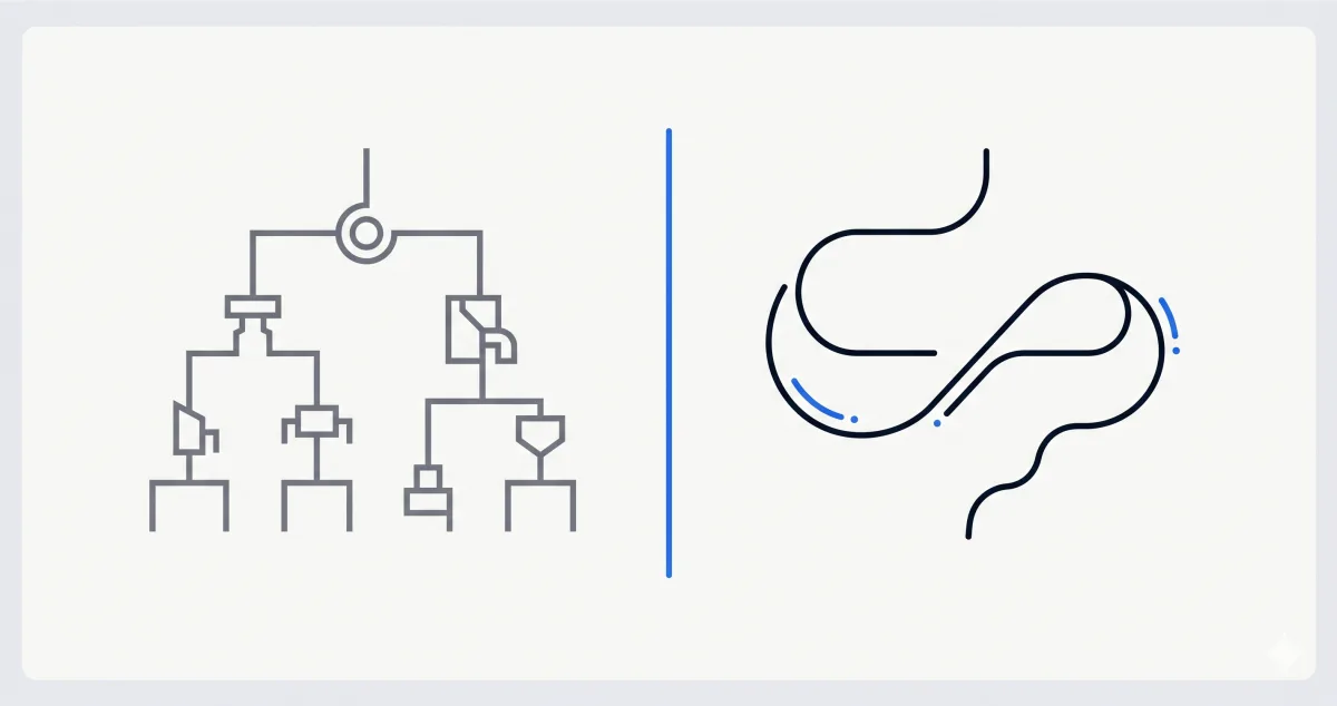 Visual comparison between rigid IVR (geometric decision tree) and fluid voice AI (continuous curved line), separated by a central blue line