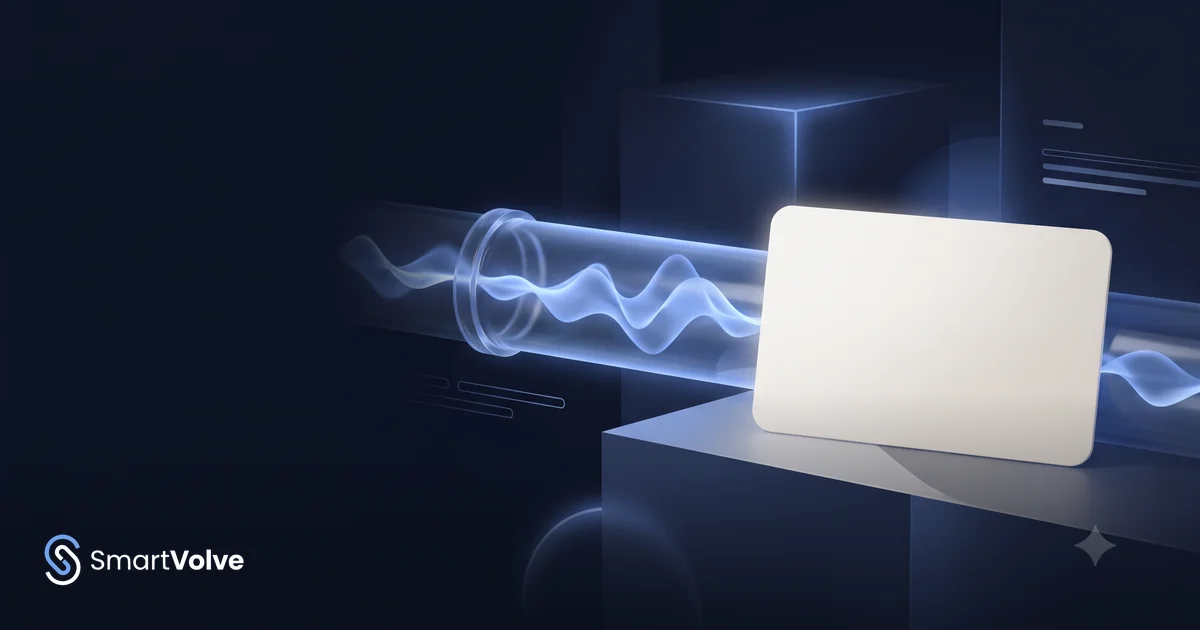 A soundwave traveling through a glowing glass pipeline ending in a softly lit appointment card on a navy background
