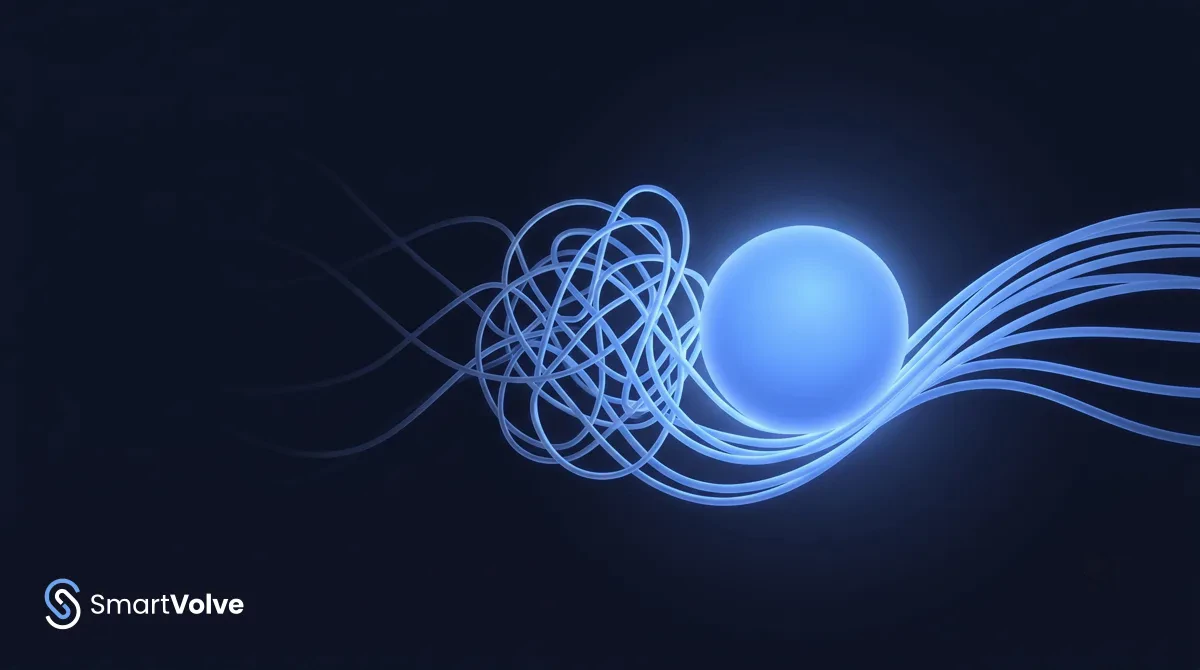 Illustrazione isometrica 3D glowing blu su sfondo scuro: un groviglio di chat e celle che passa per un chip AI e diventa una pianificazione turni ordinata con notifiche al team