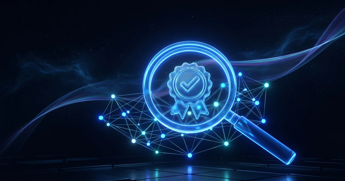 Glowing blue magnifying glass examining a compliance seal with a checkmark, over a network of luminous AI nodes, on a dark navy background